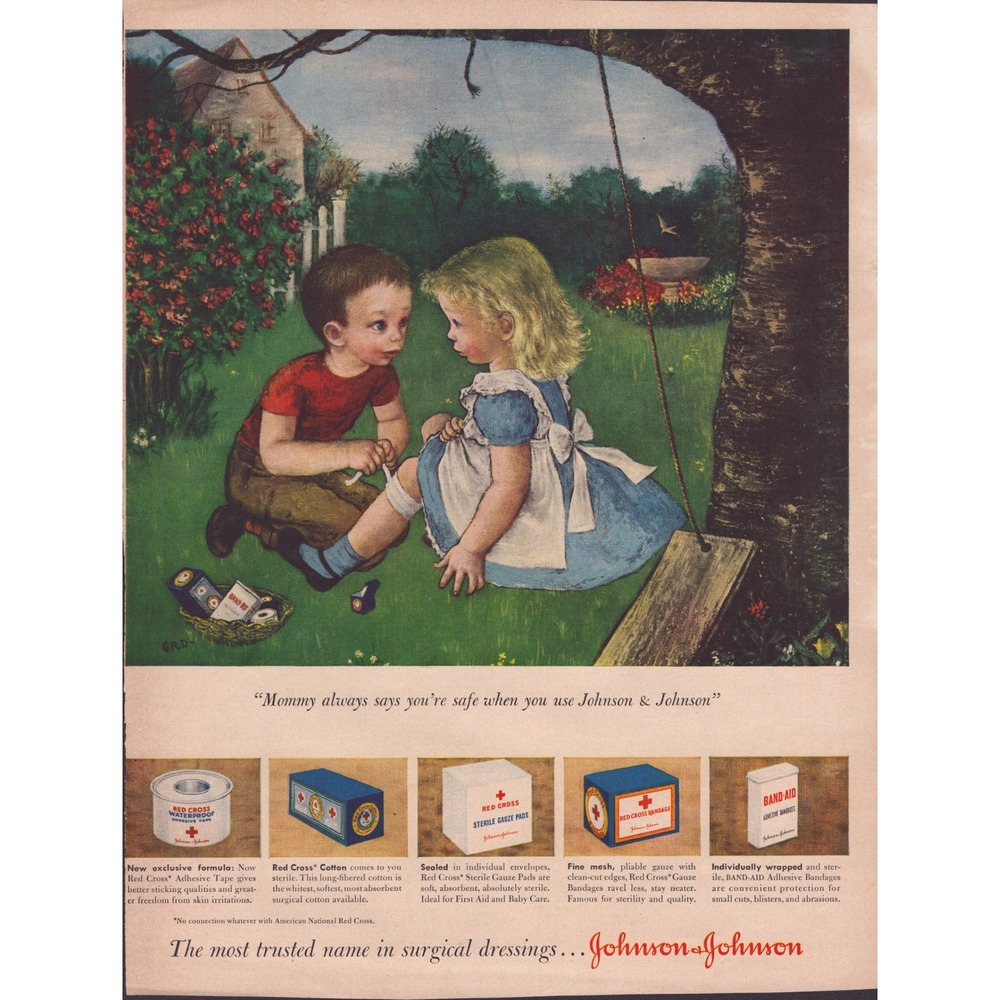 Vintage 1940s Johnson & Johnson Print Ad Band-Aid Red Cross Gauze Children Art